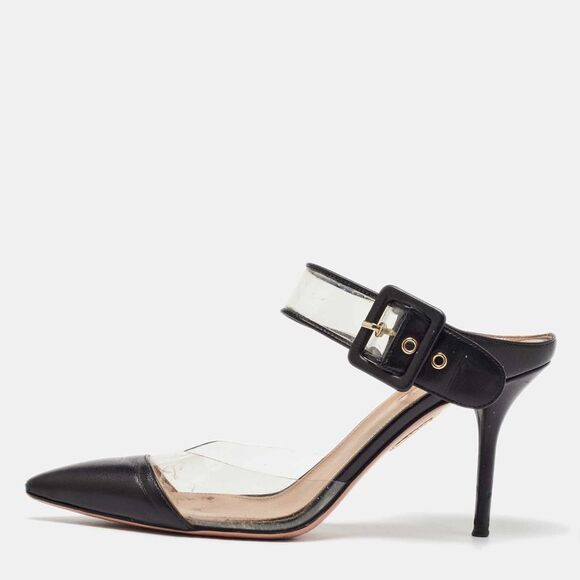 Aquazzura Black Leather And Pvc Optic Buckle Pointed Toe Mules Size 39,All Products : American Fashion Style Bags On Sale